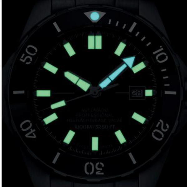 MWC 100atm / 3,280ft / 1000m Water Resistant Divers Watch in Stainless Steel Case with Helium Valve on a Matching Bracelet / 100% Swiss Made with Sellita SW200 26 Jewel Automatic Movement