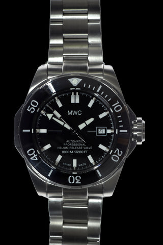 MWC 100atm / 3,280ft / 1000m Water Resistant Divers Watch in Stainless Steel Case with Helium Valve on a Matching Bracelet / 100% Swiss Made with Sellita SW200 26 Jewel Automatic Movement