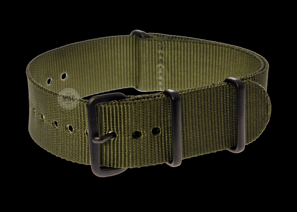 22mm Olive NATO Military Watch Strap with Covert Non Reflective Black PVD fittings